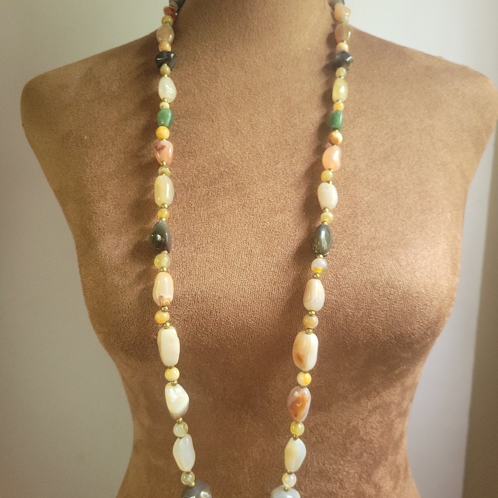 Vintage Multi Stone‎ Agate Beaded Long Necklace 36 Inch Earthcore